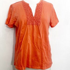 Basic Editions Orange Short Sleeve Top Gathered Front Lace Detail 100% Cotton L